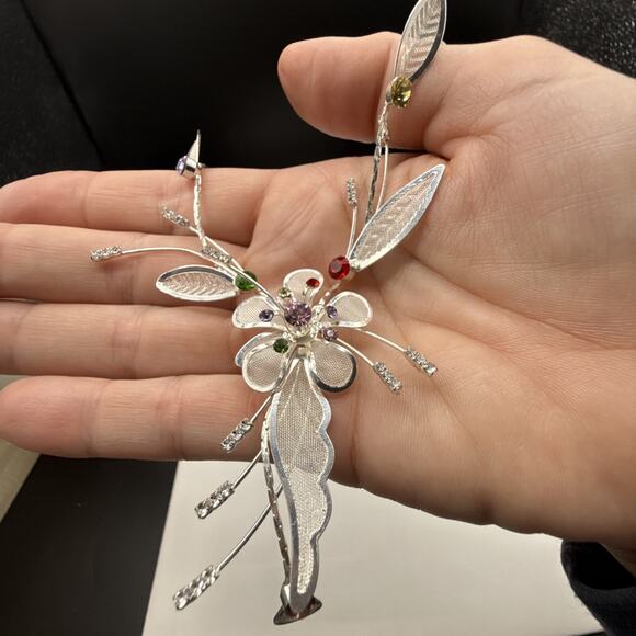 Floral Necklace 18in Multicolor Crystal Flower Silver Tone Mesh Leaves Fairycore - Picture 6 of 10